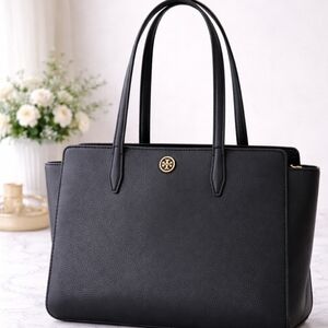 Tory Burch Robinson Small Tote Black Pebbled Leather Gold Logo Top Zip Satchel
